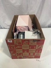 BOX OF ASSORTED HOUSEHOLD ITEMS TO INCLUDE CERAMIC MUG WITH THANK YOU LOGO IN PINK BOX