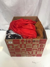 BOX OF ASSORTED ADULT CLOTHING TO INCLUDE PRETTY LITTLE THING STRAPPY MAXI GOWN RED SIZE 8