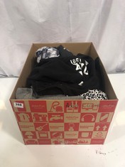 BOX OF ASSORTED ADULT CLOTHING TO INCLUDE PRETTY LITTLE THING SWEATER DRESS BLACK/WHITE SIZE 8