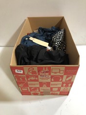 BOX OF ASSORTED ADULT CLOTHING TO INCLUDE ELASTIC WAIST TROUSERS BLACK SIZE M