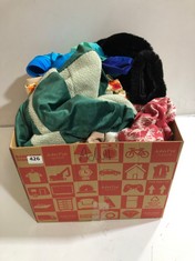 BOX OF ASSORTED ADULT CLOTHING TO INCLUDE BLACK FAUX FUR JACKET SIZE SM