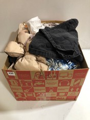 BOX OF ASSORTED ADULT CLOTHING TO INCLUDE BLACK STONEWASH DENIM SHORTS SIZE 10