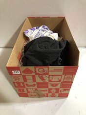 BOX OF ASSORTED ADULT CLOTHING TO INCLUDE OPULENT APPAREL T-SHIRT STONEWASH BLACK WORLD CHAMPIONS LOGO SIZE XS