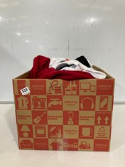 BOX OF ASSORTED ADULT CLOTHING TO INCLUDE RED HOODIE WITH DRAGON LOGO SIZE LG