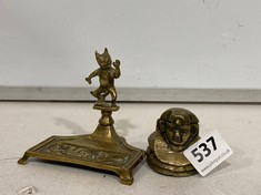 VICTORIAN BRASSWEAR TO INCLUDE A DESK TIDY FEATURING A NATTY FOX AND AN EGYPTIAN SPHINX INKWELL