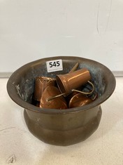 A BRASS PESTLE WITH MINIATURE BRASS AND COPPER ITEMS