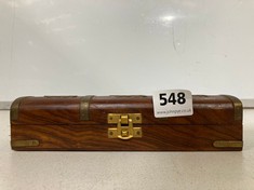 AN INDIAN WOOD CASKET EMBOSSED WITH BRASS ELEPHANTS