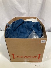 BOX OF ASSORTED ADULT CLOTHING TO INCLUDE DENIM MAXI SKIRT BLUE SIZE 14