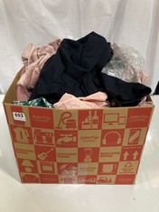 BOX OF ASSORTED ADULT CLOTHING TO INCLUDE MANGO TROUSERS NAVY SIZE EUR-36