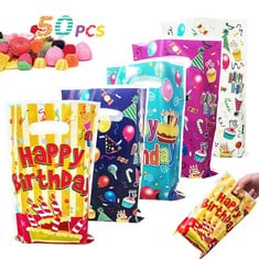 26 X HAPPY BIRTHDAY PARTY BAGS, 50 PCS BIRTHDAY GIFT BAG FOR KIDS BOYS AND GIRLS BIRTHDAY BABY SHOWER PARTY SUPPLIES, PLASTIC SMALL GIFT BAGS FOR FAVOR GOODIE SWEETS TREAT CANDY PRESENT COOKIES , 5 C