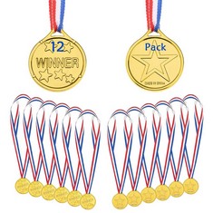 28 X GOLD WINNER MEDALS 12 PIECES, KIDS CHILDREN'S PLASTIC WINNER AWARD MEDALS OLYMPIC STYLE MEDAL WITH NECK RIBBONS, PERSONALISED PARTY FAVORS MEDALS FOR SCHOOL SPORTS DAY PARTY GAME TOYS PRIZE AWAR