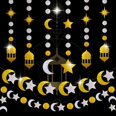 QUANTITY OF ASSORTED ITEMS TO INCLUDE  SYOULIN-EID DECORATIONS FOR HOME?RAMADAN BUNTING?EID DECORATIONS?GOLD STAR MOON GARLAND PARTY DECORATIONS KIT EID RAMADAN MUBARAK HANGING CRESCENT AND TWINKLE L