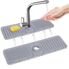 37 X STRETCHY SILICONE DRAINING MAT AROUND TAP, 44.5X14CM SINK MAT, SLOPE & LONGER KITCHEN SINK SPLASH GUARD, SILICONE FAUCET HANDLE DRIP CATCHER TRAY FOR KITCHEN & BATHROOM COUNTERTOP , GREY  - TOTA