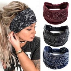 QUANTITY OF ASSORTED ITEMS TO INCLUDE ZOESTAR BOHO WIDE HEADBANDS BLACK YOGA RUNNING HEAD WRAPS STYLISH VINTAGE HEAD SCARFS ELASTIC TURBAN HAIR BANDS FOR WOMEN AND GIRLS, PACK OF 3 : LOCATION - RACK