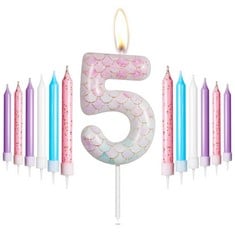 QUANTITY OF ASSORTED ITEMS TO INCLUDE PINK PURPLE 5TH BIRTHDAY CANDLES SET,MERMAID NUMBER 5 CANDLE WITH PINK PURPLE LONG CANDLES,HAPPY BIRTHDAY CAKE TOPPER,HAPPY BIRTHDAY CANDLE,GIRL MERMAID THEMED B