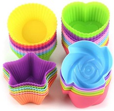 QUANTITY OF ASSORTED ITEMS TO INCLUDE LETGO SHOP SILICONE CUPCAKE CASES REUSABLE BAKING CUPS NON STICK EASY CLEAN PASTRY MUFFIN MOLDS 4 SHAPES ROUND, STARS, HEART, FLOWERS, 24 PIECES COLORFUL: LOCATI