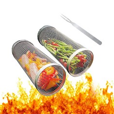 QUANTITY OF ASSORTED ITEMS TO INCLUDE YUMSUR ROLLING GRILL BASKET,STAINLESS STEEL WIRE MESH CYLINDER GRILLING BASKET, PORTABLE OUTDOOR CAMPING BARBECUE RACK FOR VEGETABLES,FRENCH FRIES,FISH,VERSATILE