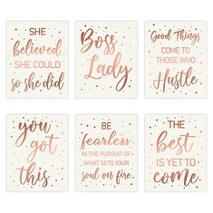 QUANTITY OF ASSORTED ITEMS TO INCLUDE HAOORYX 6PCS BOSS LADY WALL ART ROSE GOLD INSPIRATIONAL QUOTE CARDSTOCK ART PRINT OFFICE DECOR SET, MINIMALIST GIRLS ART PRINT POSTER FOR GIRLS WOMEN BEDROOM DOR