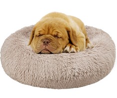 6 X ENJOY PLUSH DONUT DOG BED, CALMING ROUND DOG CAT BED SOFT AND FLUFFY CUDDLER PET CUSHION SELF-WARMING PUPPY BEDS MACHINE WASHABLE, BROWN 60CM - TOTAL RRP £105: LOCATION - RACK A