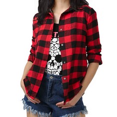 16 X FESKY WOMENS BOYFRIEND PLAID CHECK SHIRTS BUTTON DOWN SHIRT BLOUSE TOPS FOR WOMEN GIRLS OVERSIZED, RED & BLACK, L/UK 16-18, TAG SIZE 5XL  - TOTAL RRP £227: LOCATION - RACK E