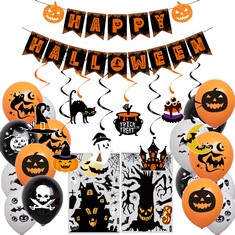 QUANTITY OF ASSORTED ITEMS TO INCLUDE HAPPY HALLOWEEN WITH WINDOW STICKERS HANGING SWIRLS BALLOONS HALLOWEEN BANNER BUNTING PUMPKIN BAT DECORATIONS BACKDROP FOR PARTY DECORATIONS: LOCATION - RACK E