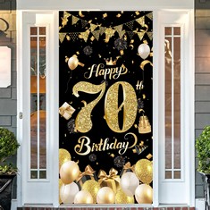 16 X 70TH BIRTHDAY DOOR BANNER,BLACK GOLD 70TH BIRTHDAY DECORATIONS,HAPPY 70TH BIRTHDAY PARTY BACKDROP BANNER,70TH BIRTHDAY DOOR HANGING BANNER FOR WOMEN MEN BIRTHDAY PARTY PHOTO BOOTH SUPPLIES, 90*1