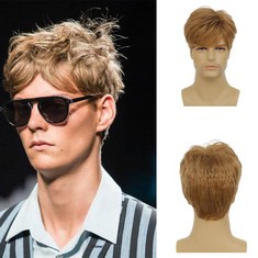 QUANTITY OF ASSORTED ITEMS TO INCLUDE SHORT BROWN WIG FOR MEN SHORT LAYERED BROWN WIG NATURAL LOOKING SYNTHETIC HEAT RESISTANT HAIR WIG FOR MALE: LOCATION - RACK F