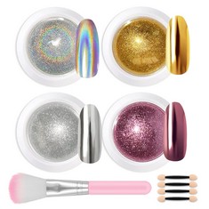 22 X LOFUANNA CHROME NAIL POWDER—4 COLORS MIRROR EFFECT HOLOGRAPHIC LASER GLITTER MANICURE CHROME PIGMENT POWDER FOR NAIL ART DECO WITH 4PCS EYESHADOW STICKS AND DUST BRUSH 0.5G/JAR - TOTAL RRP £110: