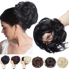 QUANTITY OF ASSORTED ITEMS TO INCLUDE 1PCS THICK CHIGNON DONUT PONYTAIL HAIRPIECE SYNTHETIC - 80G WITH ELASTIC RUBBER BAND - LARGE MESSY BUN HAIR EXTENSION WAVY, DARK BLACK: LOCATION - RACK F