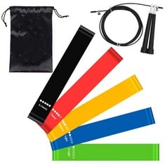 12 X SOURCETON SET OF 7, RESISTANCE LOOP BANDS AND JUMP ROPE WITH CARRY BAG, 5 COLORS RESISTANCE BANDS AND SKIPPING JUMP ROPE FOR HOME FITNESS- , GREEN BLUE YELLOW RED & BLACK  - TOTAL RRP £132: LOCA