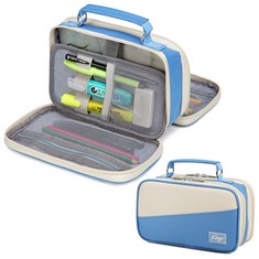 QUANTITY OF ASSORTED ITEMS TO INCLUDE KASGO PENCIL CASE, STATIONARY PENCIL POUCH 2 COMPARTMENTS PEN POUCH HOLDER BOX ORGANIZER COLOR PENCIL HOLDER FOR SCHOOL WORK ART BLUE AND BEIGE: LOCATION - RACK