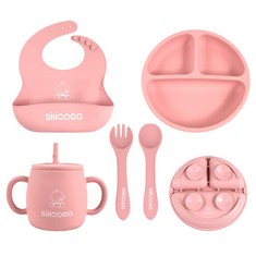 QUANTITY OF ASSORTED ITEMS TO INCLUDE BABY FEEDING SET, SILICONE BABY LED WEANING SUPPLIES SET WITH SUCTION PLATE, BIB, SIPPY CUP, BABY SPOON AND FORK, TODDLER FEEDING EATING UTENSILS SETS , PINK : L