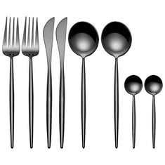 QUANTITY OF ASSORTED ITEMS TO INCLUDE MORGIANA 8 PIECES BLACK FLATWARE SETS,18/10 STAINLESS STEEL CUTLERY SET GLOSSY, BLACK UTENSIL SET, BLACK DINNERWARE SET, BLACK DINNER KNIFE SPOONS FORKS TEASPOON