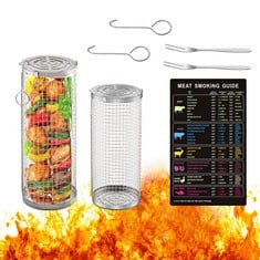 10 X YUMSUR ROLLING GRILL BASKET,STAINLESS STEEL WIRE MESH CYLINDER GRILLING BASKET, PORTABLE OUTDOOR CAMPING BARBECUE RACK FOR VEGETABLES,FRENCH FRIES,FISH,VERSATILE ROUND GRILL COOKING ACCESSORIES