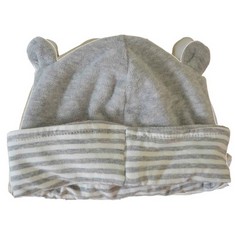 QUANTITY OF ITEMS TO INCLUDE BROWN AND WHITE STRIPED BABY HAT WITH EARS ON TOP SIZE 0-3 MONTHS: LOCATION - A