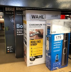 QUANTITY OF ITEMS TO INCLUDE WAHL CHROMIUM 11-IN-1 MULTIGROOMER, EYEBROW CUTTING ABILITY, BODY TRIMMERS, MEN’S BEARD TRIMMER, STUBBLE TRIMMING, BODY SHAVING, FACE GROOMING, FULLY WASHABLE, MALE GROOM