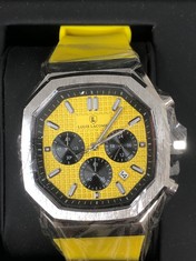 MENS LOUIS LACOMBE CHRONOGRAPH WATCH 3 SUBDIALS GOLD COLOUR CASE YELLOW RUBBER STRAP EST £375: LOCATION - TOP 50