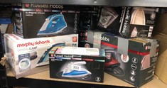 QUANTITY OF ITEMS TO INCLUDE RUSSELL HOBBS DUAL VOLTAGE STEAM GLIDE TRAVEL IRON, 80ML WATER TANK, STAINLESS STEEL SOLEPLATE, WATER SPRAY, VARIABLE TEMP & STEAM, 1.5M CORD, 830W, 22470: LOCATION - B