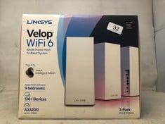 LINKSYS VELOP MX12600 TRI-BAND WHOLE HOME MESH WIFI 6 SYSTEM , MX4200  WIFI ROUTER, EXTENDER & BOOSTER UP TO 9000 SQ FT, 3.5X FASTER SPEED FOR 120+ DEVICES, MU-MIMO & PARENTAL CONTROLS - 3 PACK, WHIT