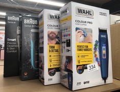 QUANTITY OF ITEMS TO INCLUDE WAHL COLOUR PRO CORDED CLIPPER, HEAD SHAVER, MEN'S HAIR CLIPPERS, COLOUR CODED GUIDES, FAMILY AT HOME HAIRCUTTING: LOCATION - C