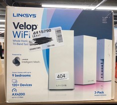 LINKSYS VELOP MX12600 TRI-BAND WHOLE HOME MESH WIFI 6 SYSTEM , MX4200  WIFI ROUTER, EXTENDER & BOOSTER UP TO 9000 SQ FT, 3.5X FASTER SPEED FOR 120+ DEVICES, MU-MIMO & PARENTAL CONTROLS - 3 PACK, WHIT