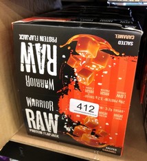 QUANTITY OF ITEMS TO INCLUDE WARRIOR RAW PROTEIN FLAPJACKS – 12 BARS X 75G EACH – PACKED WITH 20G OF PROTEIN – LOW SUGAR, HIGH IN FIBRE , SALTED CARAMEL    SOME MAY BE PAST BEST BEFORE DATE : LOCATIO