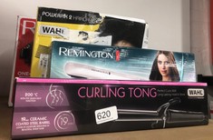 QUANTITY OF ITEMS TO INCLUDE WAHL CURLING TONG, HAIR STYLING TOOL, CURLING WAND, CERAMIC CURLERS FOR SHINY CURLS, CORDED HAIR CURLING WAND, SWIVEL CORD, QUICK HEAT, COOL TOUCH TIP, BARREL CLAMP, BLAC