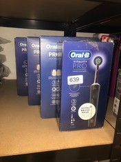 QUANTITY OF ITEMS TO INCLUDE ORAL-B VITALITY PRO ELECTRIC TOOTHBRUSH FOR ADULTS, 1 HANDLE, 2 TOOTHBRUSH HEADS, 3 BRUSHING MODES INCLUDING SENSITIVE PLUS, 2 PIN UK PLUG, BLACK: LOCATION - E