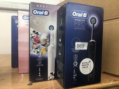 QUANTITY OF ITEMS TO INCLUDE ORAL-B VITALITY PRO ELECTRIC TOOTHBRUSH FOR ADULTS, 1 HANDLE, 2 TOOTHBRUSH HEADS, 3 BRUSHING MODES INCLUDING SENSITIVE PLUS, 2 PIN UK PLUG, BLACK: LOCATION - E