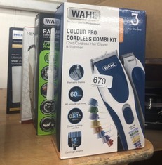 QUANTITY OF ITEMS TO INCLUDE WAHL COLOUR PRO CORDLESS COMBI KIT, HAIR CLIPPERS FOR MEN, HEAD SHAVER, MEN'S HAIR CLIPPERS WITH BEARD TRIMMER, CLIPPER AND TRIMMER, EASY TO USE, GROOMING KIT: LOCATION -