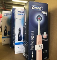 QUANTITY OF ITEMS TO INCLUDE ORAL-B PRO 3 ELECTRIC TOOTHBRUSH FOR ADULTS, 1 3D WHITE TOOTHBRUSH HEAD, 3 MODES WITH TEETH WHITENING, 2 PIN UK PLUG, 3000, PINK: LOCATION - A