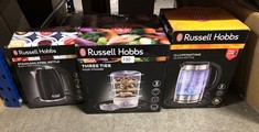 QUANTITY OF ITEMS TO INCLUDE RUSSELL HOBBS 3 TIER ELECTRIC FOOD STEAMER, 9L, DISHWASHER SAFE BPA FREE BASKETS, STACKABLE BASKETS, 1L RICE BOWL INC, 60 MIN TIMER, STEAMS IN 40 SECONDS, HEALTHY EATING,