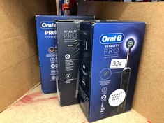 QUANTITY OF ITEMS TO INCLUDE ORAL-B VITALITY PRO ELECTRIC TOOTHBRUSH FOR ADULTS, 1 HANDLE, 2 TOOTHBRUSH HEADS, 3 BRUSHING MODES INCLUDING SENSITIVE PLUS, 2 PIN UK PLUG, BLACK: LOCATION - D RACK