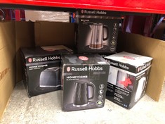 QUANTITY OF ITEMS TO INCLUDE RUSSELL HOBBS HONEYCOMB ELECTRIC 1.7L CORDLESS KETTLE (FAST BOIL 3KW, WHITE PREMIUM PLASTIC, MATT & HIGH GLOSS FINISH, REMOVABLE WASHABLE ANTI-SCALE FILTER, PUSH BUTTON L